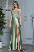 AD 3375- Strapless Lace Boned Bodice Satin Prom Gown with High Leg Slit & Lace Up Open Back - Diggz Formals