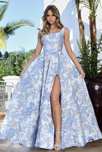 AD 3379 - Embossed Floral Print A-Line Prom Gown with Scoop Neck Bodice Leg Slit & Side Pockets PROM GOWN Adora