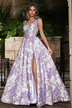 AD 3379 - Embossed Floral Print A-Line Prom Gown with Scoop Neck Bodice Leg Slit & Side Pockets PROM GOWN Adora