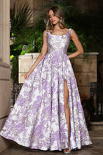 AD 3379 - Embossed Floral Print A-Line Prom Gown with Scoop Neck Bodice Leg Slit & Side Pockets PROM GOWN Adora 2 Lavender