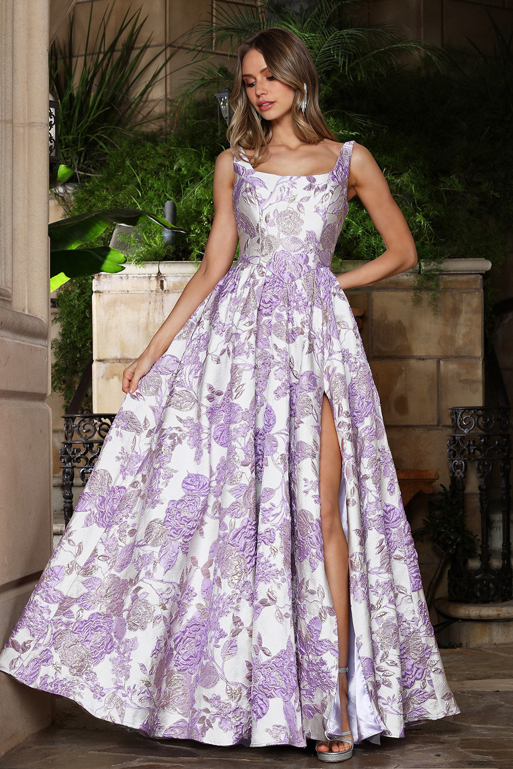 AD 3379 - Embossed Floral Print A-Line Prom Gown with Scoop Neck Bodice Leg Slit & Side Pockets PROM GOWN Adora 2 Lavender