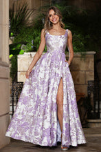 AD 3379 - Embossed Floral Print A-Line Prom Gown with Scoop Neck Bodice Leg Slit & Side Pockets PROM GOWN Adora