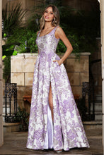 AD 3379 - Embossed Floral Print A-Line Prom Gown with Scoop Neck Bodice Leg Slit & Side Pockets PROM GOWN Adora