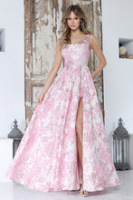 AD 3379 - Embossed Floral Print A-Line Prom Gown with Scoop Neck Bodice Leg Slit & Side Pockets PROM GOWN Adora 2 Pink