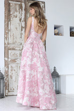 AD 3379 - Embossed Floral Print A-Line Prom Gown with Scoop Neck Bodice Leg Slit & Side Pockets PROM GOWN Adora