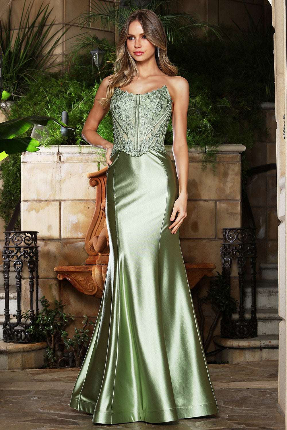 AD 3386 - Strapless Fit & Flare Prom Gown with Beaded Lace Embellished Corset Bodice & Detailed Grommet Eyelet Lace Up Back