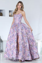 AD 3389 - Strapless Embossed Floral Print A-Line Prom Gown with Structured Corset Bodice Leg Slit & Open Lace Up Back PROM GOWN Adora 2 Lilac