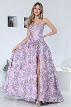 AD 3389 - Strapless Embossed Floral Print A-Line Prom Gown with Structured Corset Bodice Leg Slit & Open Lace Up Back PROM GOWN Adora