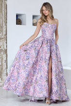 AD 3389 - Strapless Embossed Floral Print A-Line Prom Gown with Structured Corset Bodice Leg Slit & Open Lace Up Back PROM GOWN Adora