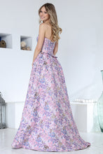 AD 3389 - Strapless Embossed Floral Print A-Line Prom Gown with Structured Corset Bodice Leg Slit & Open Lace Up Back PROM GOWN Adora