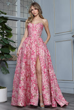 AD 3389 - Strapless Embossed Floral Print A-Line Prom Gown with Structured Corset Bodice Leg Slit & Open Lace Up Back PROM GOWN Adora 2 Pink