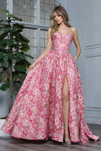 AD 3389 - Strapless Embossed Floral Print A-Line Prom Gown with Structured Corset Bodice Leg Slit & Open Lace Up Back PROM GOWN Adora