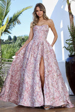 AD 3389 - Strapless Embossed Floral Print A-Line Prom Gown with Structured Corset Bodice Leg Slit & Open Lace Up Back PROM GOWN Adora 2 Rose