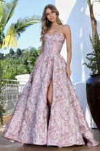 AD 3389 - Strapless Embossed Floral Print A-Line Prom Gown with Structured Corset Bodice Leg Slit & Open Lace Up Back PROM GOWN Adora