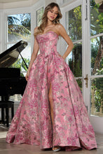 AD 3390- Strapless Floral Print A-Line Prom Gown with Structured Cowl Neck Corset Bodice Leg Slit & Open Lace Up Back PROM GOWN Adora