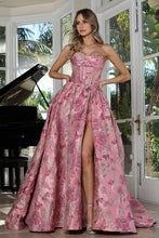 AD 3390- Strapless Floral Print A-Line Prom Gown with Structured Cowl Neck Corset Bodice Leg Slit & Open Lace Up Back PROM GOWN Adora