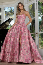 AD 3390- Strapless Floral Print A-Line Prom Gown with Structured Cowl Neck Corset Bodice Leg Slit & Open Lace Up Back PROM GOWN Adora 2 Rose Floral