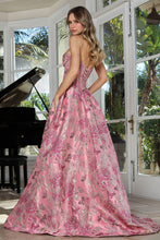 AD 3390- Strapless Floral Print A-Line Prom Gown with Structured Cowl Neck Corset Bodice Leg Slit & Open Lace Up Back PROM GOWN Adora