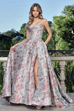 AD 3390- Strapless Floral Print A-Line Prom Gown with Structured Cowl Neck Corset Bodice Leg Slit & Open Lace Up Back PROM GOWN Adora