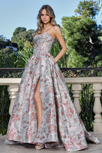 AD 3390- Strapless Floral Print A-Line Prom Gown with Structured Cowl Neck Corset Bodice Leg Slit & Open Lace Up Back PROM GOWN Adora 2 Vintage Pink Floral