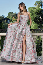 AD 3390- Strapless Floral Print A-Line Prom Gown with Structured Cowl Neck Corset Bodice Leg Slit & Open Lace Up Back PROM GOWN Adora