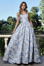 AD 3396 - Embossed Floral Print A-Line Prom Gown with Structured Corset Bodice & Side Pockets PROM GOWN Adora