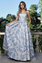 AD 3396 - Embossed Floral Print A-Line Prom Gown with Structured Corset Bodice & Side Pockets PROM GOWN Adora