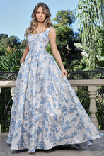 AD 3396 - Embossed Floral Print A-Line Prom Gown with Structured Corset Bodice & Side Pockets PROM GOWN Adora 2 Blue Multi