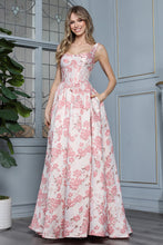 AD 3396 - Embossed Floral Print A-Line Prom Gown with Structured Corset Bodice & Side Pockets PROM GOWN Adora