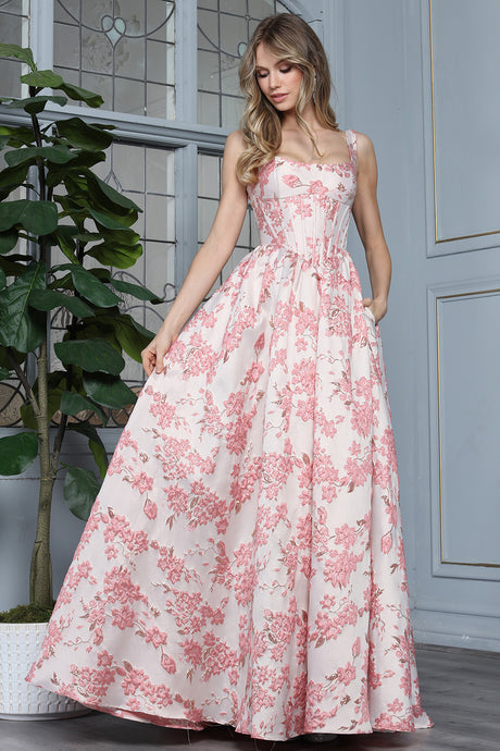AD 3396 - Embossed Floral Print A-Line Prom Gown with Structured Corset Bodice & Side Pockets PROM GOWN Adora 2 Rose Multi