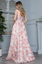 AD 3396 - Embossed Floral Print A-Line Prom Gown with Structured Corset Bodice & Side Pockets PROM GOWN Adora