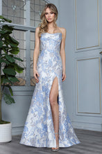 AD 3398 - Strapless Embossed Floral Print Fit & Flare Prom Gown with Boned Scoop Neck Corset Bodice Leg Slit & Open Lace Up Back PROM GOWN Adora