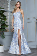 AD 3398 - Strapless Embossed Floral Print Fit & Flare Prom Gown with Boned Scoop Neck Corset Bodice Leg Slit & Open Lace Up Back PROM GOWN Adora 2 Blue Multi