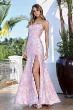 AD 3398 - Strapless Embossed Floral Print Fit & Flare Prom Gown with Boned Scoop Neck Corset Bodice Leg Slit & Open Lace Up Back PROM GOWN Adora