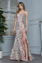 AD 3399 - Strapless Embossed Floral Print Fit & Flare Prom Gown with Boned Scoop Neck Corset Bodice Leg Slit & Open Lace Up Back PROM GOWN Adora