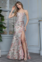 AD 3399 - Strapless Embossed Floral Print Fit & Flare Prom Gown with Boned Scoop Neck Corset Bodice Leg Slit & Open Lace Up Back PROM GOWN Adora 2 Vintage Pink Floral