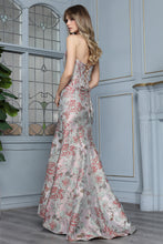 AD 3399 - Strapless Embossed Floral Print Fit & Flare Prom Gown with Boned Scoop Neck Corset Bodice Leg Slit & Open Lace Up Back PROM GOWN Adora