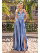 DQ 4263 - Stretch Satin A-Line Prom Gown with V-Neck Leg Slit & Side Pockets