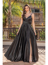 DQ 4263 - Stretch Satin A-Line Prom Gown with V-Neck Leg Slit & Side Pockets