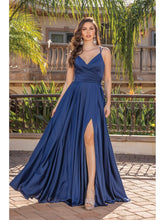 DQ 4263 - Stretch Satin A-Line Prom Gown with V-Neck Leg Slit & Side Pockets