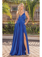 DQ 4263 - Stretch Satin A-Line Prom Gown with V-Neck Leg Slit & Side Pockets