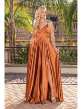 DQ 4263 - Stretch Satin A-Line Prom Gown with V-Neck Leg Slit & Side Pockets