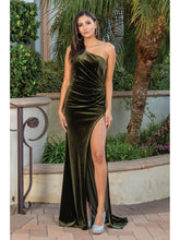 DQ 4312 - Fit & Flare Velvet One Shoulder Prom Dress with Leg Slit & Lace Up Back PROM GOWN Dancing Queen XS SAGE 