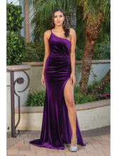DQ 4312 - Fit & Flare Velvet One Shoulder Prom Dress with Leg Slit & Lace Up Back PROM GOWN Dancing Queen XS PLUM 