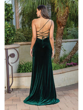 DQ 4312 - Fit & Flare Velvet One Shoulder Prom Dress with Leg Slit & Lace Up Back PROM GOWN Dancing Queen XS HUNTER GREEN 