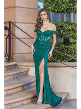 DQ 4344 - Fit & Flare Off Shoulder Boned Bodice Prom Gown with Leg Slit PROM GOWN Dancing Queen XS HUNTER GREEN 