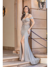 DQ 4344 - Fit & Flare Off Shoulder Boned Bodice Prom Gown with Leg Slit PROM GOWN Dancing Queen XS DARK MOCHA 