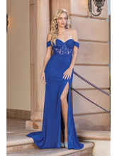 DQ 4344 - Fit & Flare Off Shoulder Boned Bodice Prom Gown with Leg Slit PROM GOWN Dancing Queen XS ROYAL BLUE 
