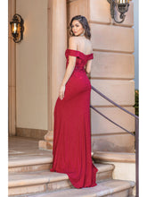 DQ 4344 - Fit & Flare Off Shoulder Boned Bodice Prom Gown with Leg Slit PROM GOWN Dancing Queen XS BURGUNDY 