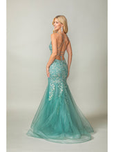 DQ 4353 - 3D Floral Applique Mermaid Prom Gown with Sheer Boned Bodice & Open Corset Back Prom Dress Dancing Queen XS SAGE 